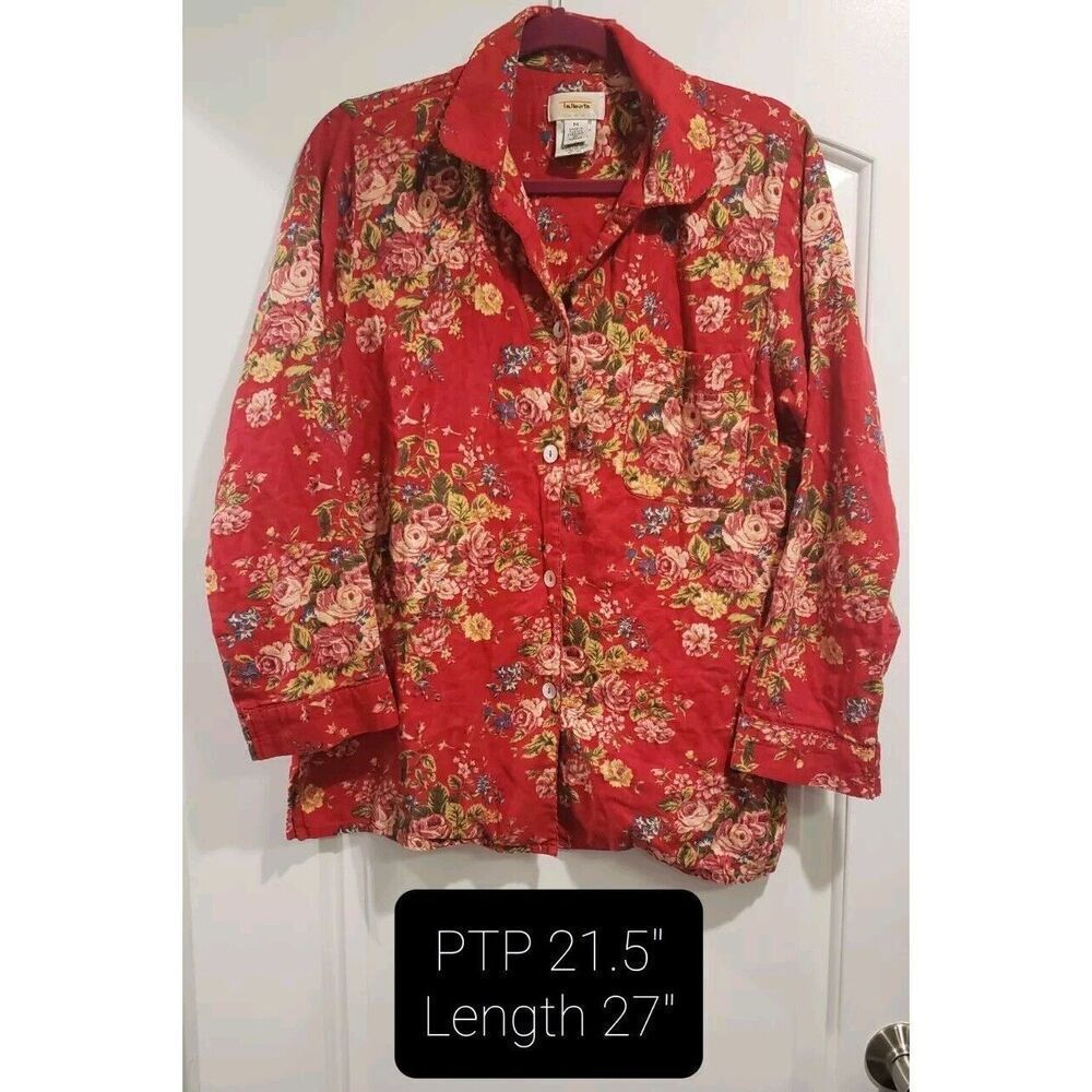 VINTAGE Talbots Intimates Red Floral Capiz Button Sleep Top‎ Size Medium